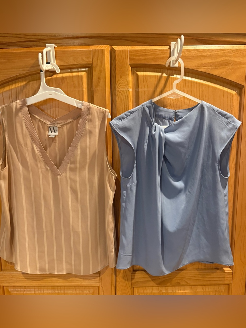 Lot of 2 Worthington Sleeveless Blouses Tan Stripe & Dusty Blue Size Small